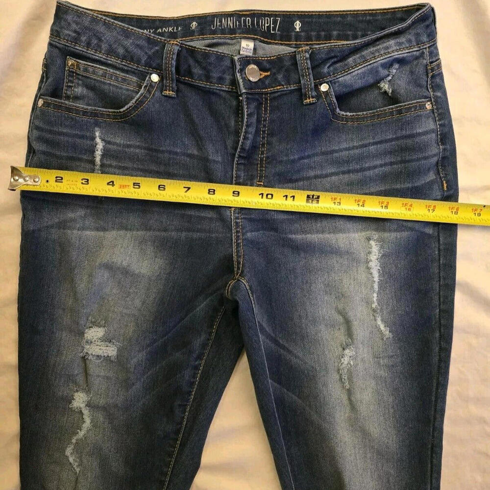Jennifer Lopez Jeans Women 10 Blue‎ Denim Straight Crop Stretch Distress 98-3 - Picture 2 of 7